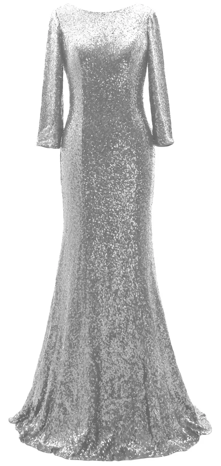 MACloth 3/4 Sleeve Sequin Long Mother of Bride Dresses Bridesmaid Evening Gown