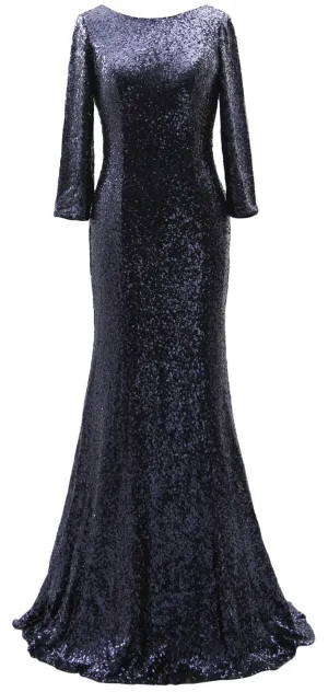 MACloth 3/4 Sleeve Sequin Long Mother of Bride Dresses Bridesmaid Evening Gown