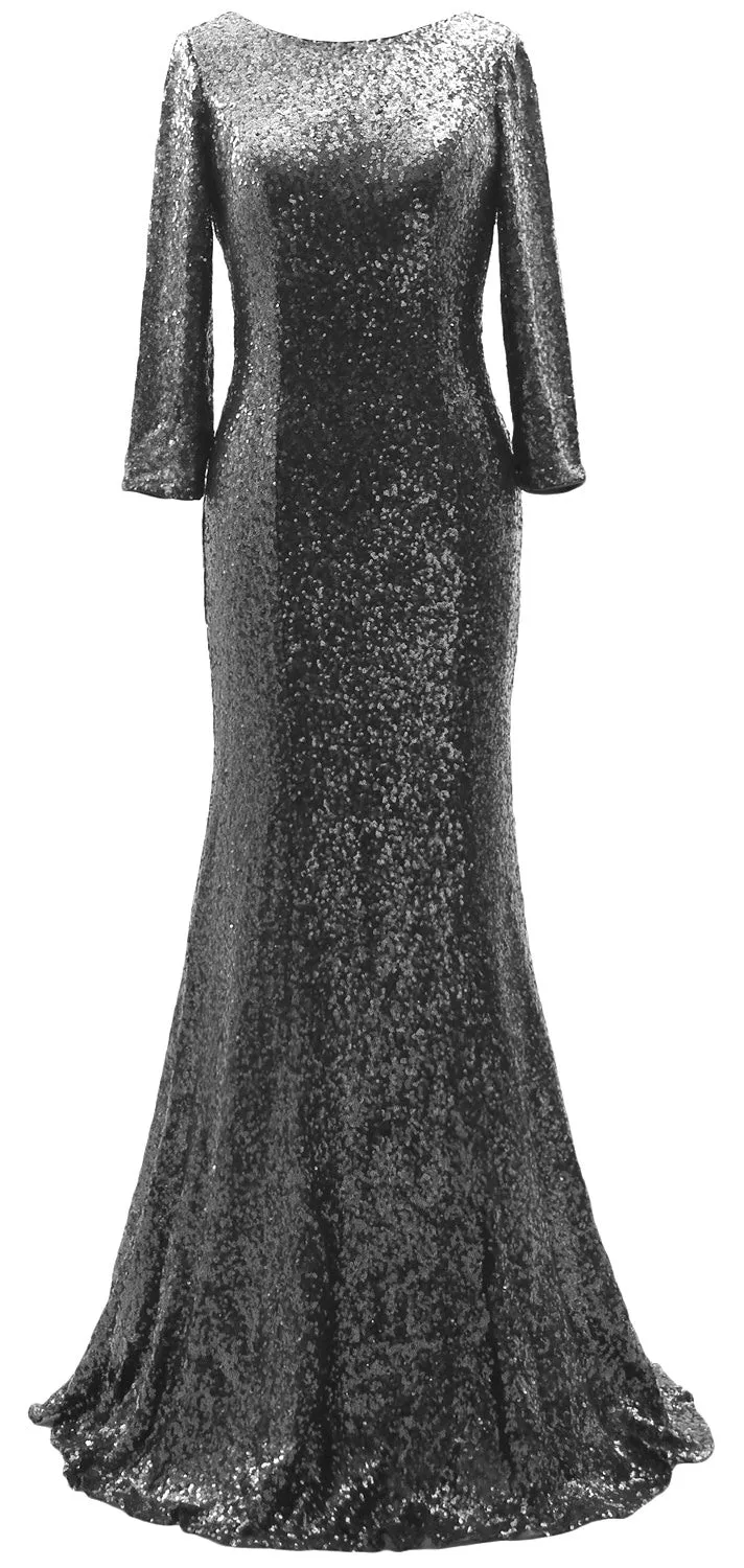 MACloth 3/4 Sleeve Sequin Long Mother of Bride Dresses Bridesmaid Evening Gown