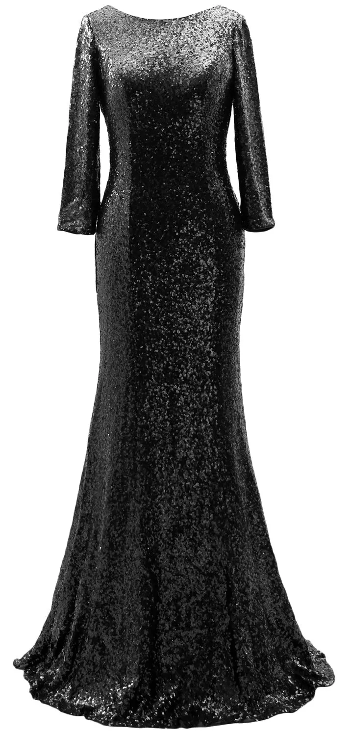 MACloth 3/4 Sleeve Sequin Long Mother of Bride Dresses Bridesmaid Evening Gown