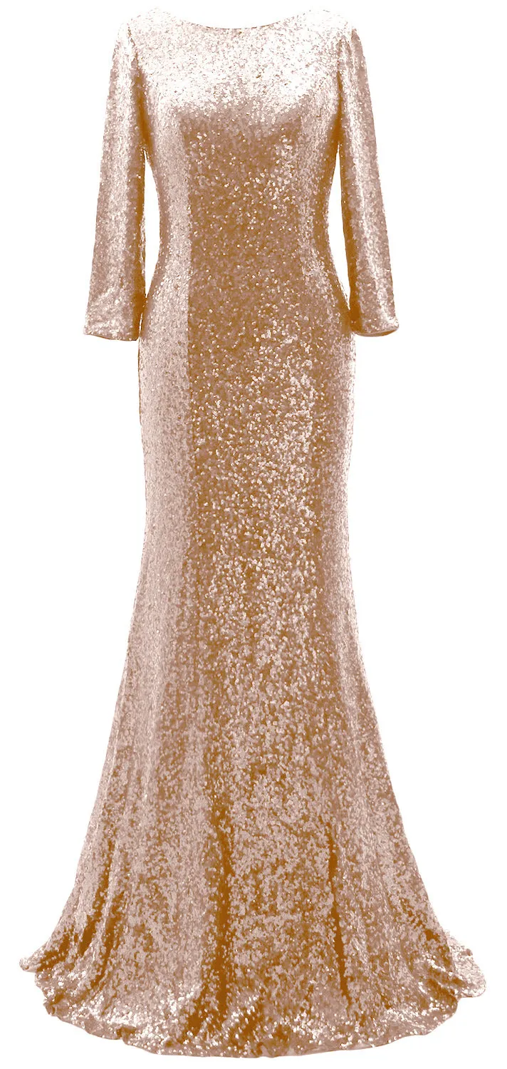 MACloth 3/4 Sleeve Sequin Long Mother of Bride Dresses Bridesmaid Evening Gown