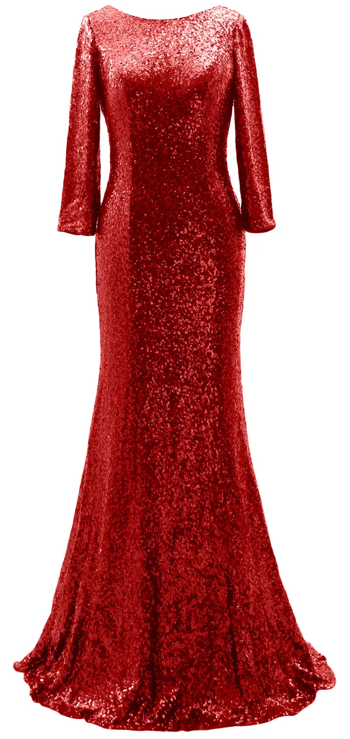 MACloth 3/4 Sleeve Sequin Long Mother of Bride Dresses Bridesmaid Evening Gown