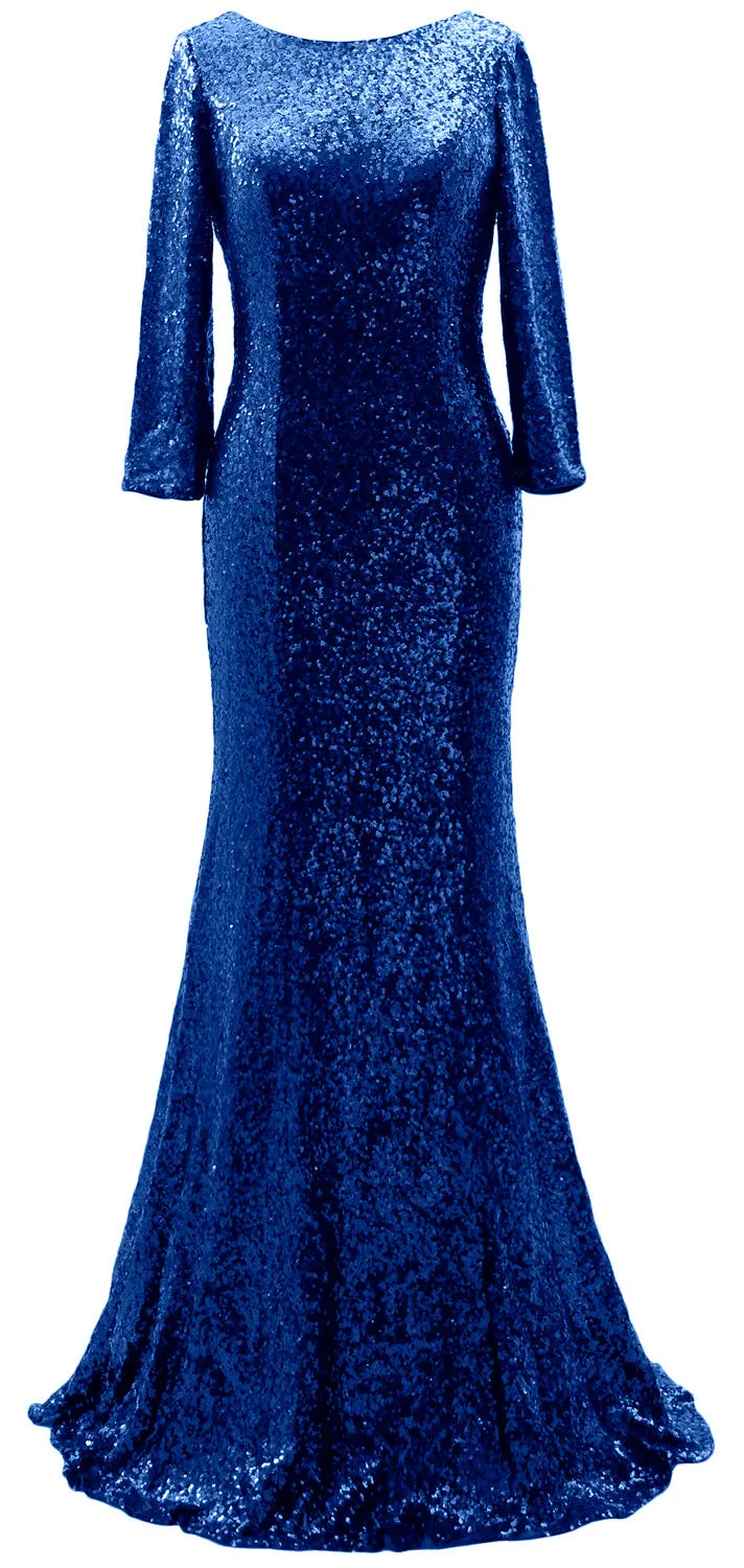 MACloth 3/4 Sleeve Sequin Long Mother of Bride Dresses Bridesmaid Evening Gown