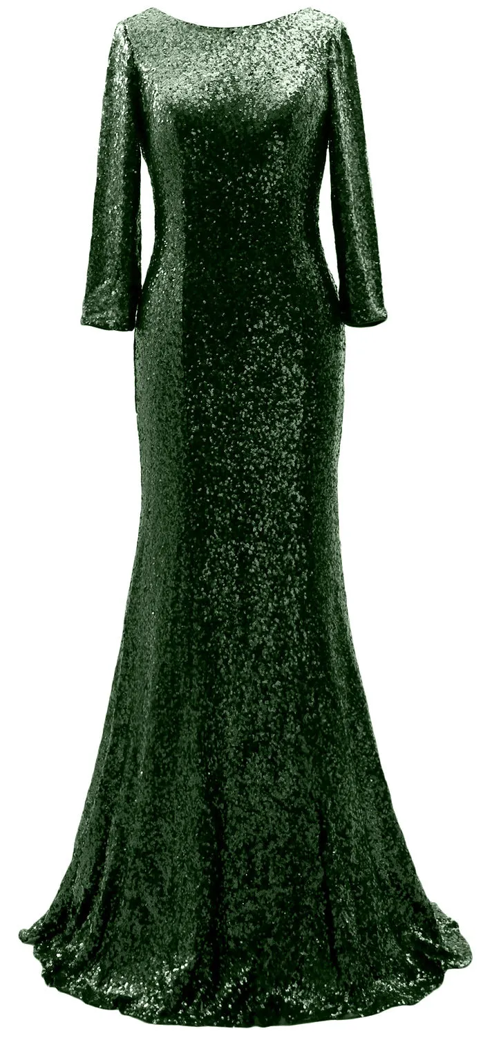 MACloth 3/4 Sleeve Sequin Long Mother of Bride Dresses Bridesmaid Evening Gown