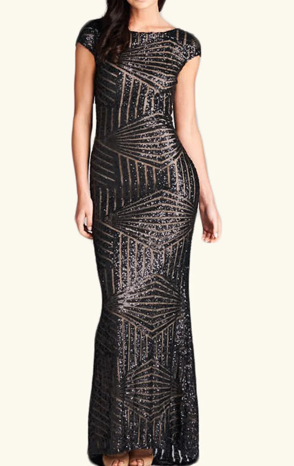 MACloth Cap Sleeves Sequin Long Bridesmaid Dress Black/ Rose Gold Formal Evening Gown