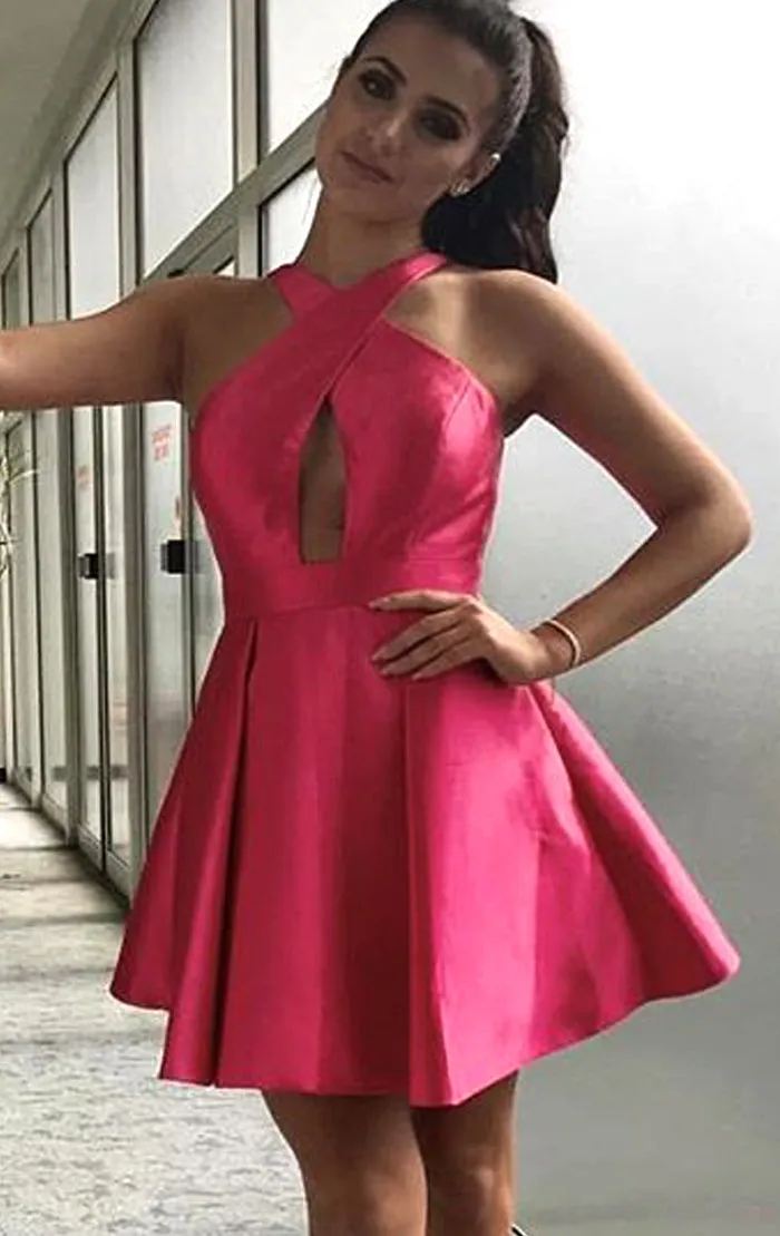 MACLoth Halter Fuchsia Short Prom Homecoming Dress Satin Wedding Party Dress