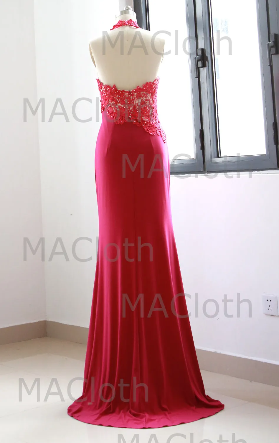 MACloth Halter Lace Jersey Long Prom Dress Fuchsia Evening Formal Gown