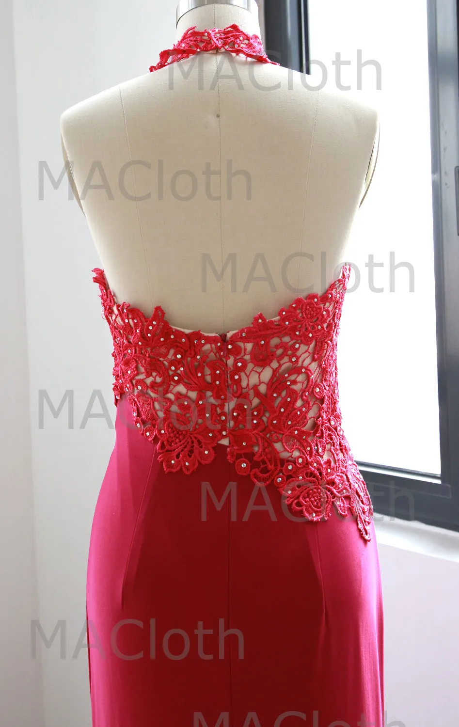 MACloth Halter Lace Jersey Long Prom Dress Fuchsia Evening Formal Gown
