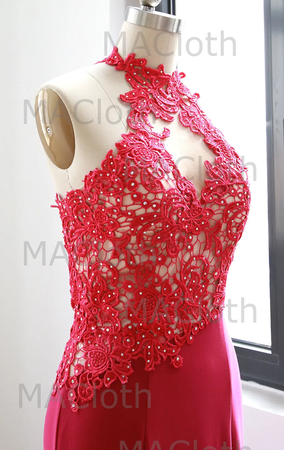 MACloth Halter Lace Jersey Long Prom Dress Fuchsia Evening Formal Gown
