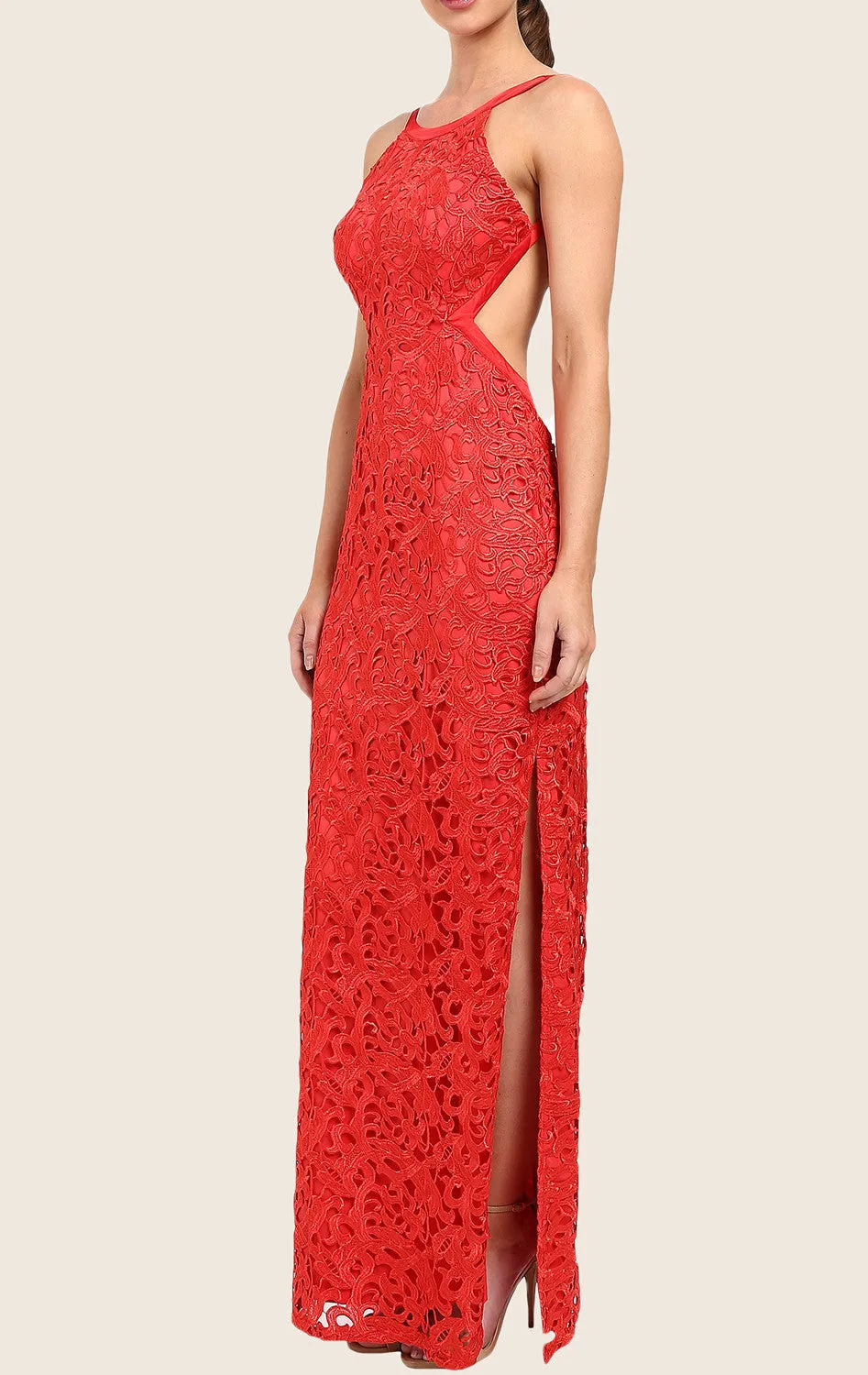 MACloth Halter O Neck Lace Maxi Prom Dress Red Formal Party Gown