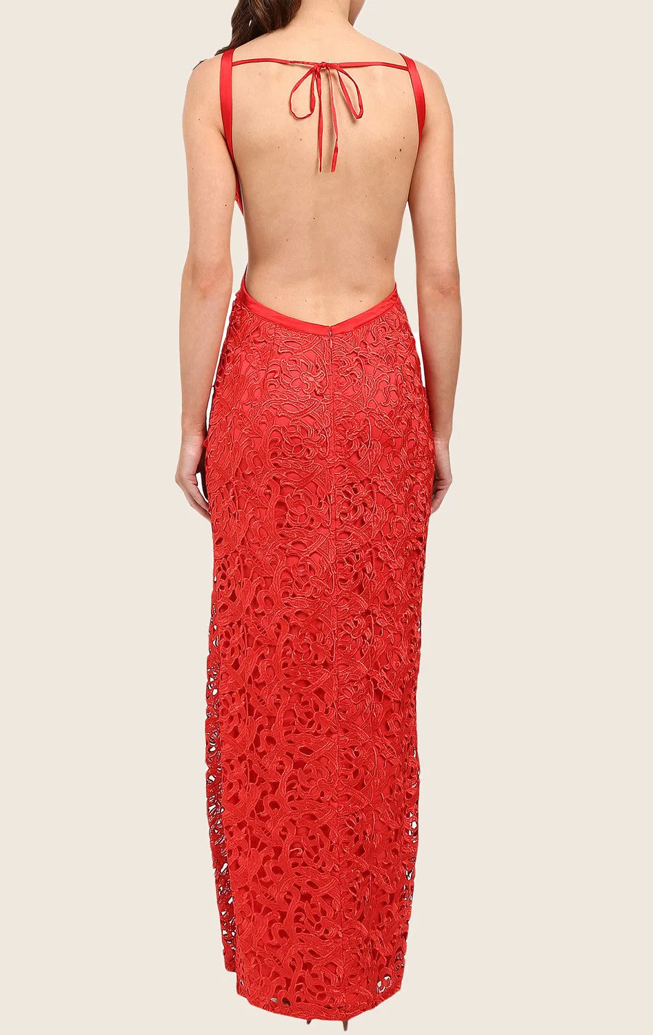MACloth Halter O Neck Lace Maxi Prom Dress Red Formal Party Gown