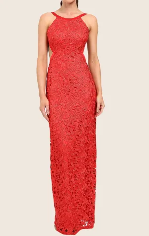 MACloth Halter O Neck Lace Maxi Prom Dress Red Formal Party Gown
