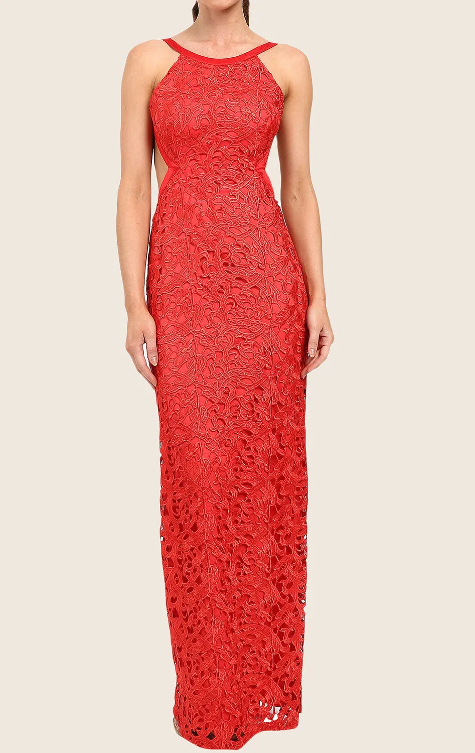 MACloth Halter O Neck Lace Maxi Prom Dress Red Formal Party Gown