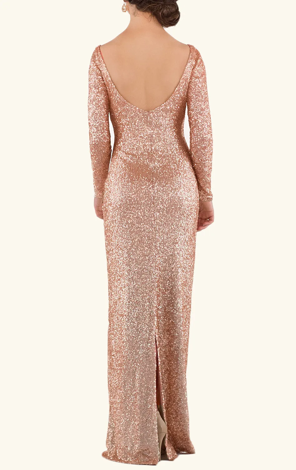 MACloth Long Sleeves Sequin Maxi Bridesmaid Dress Rose Gold Formal Evening