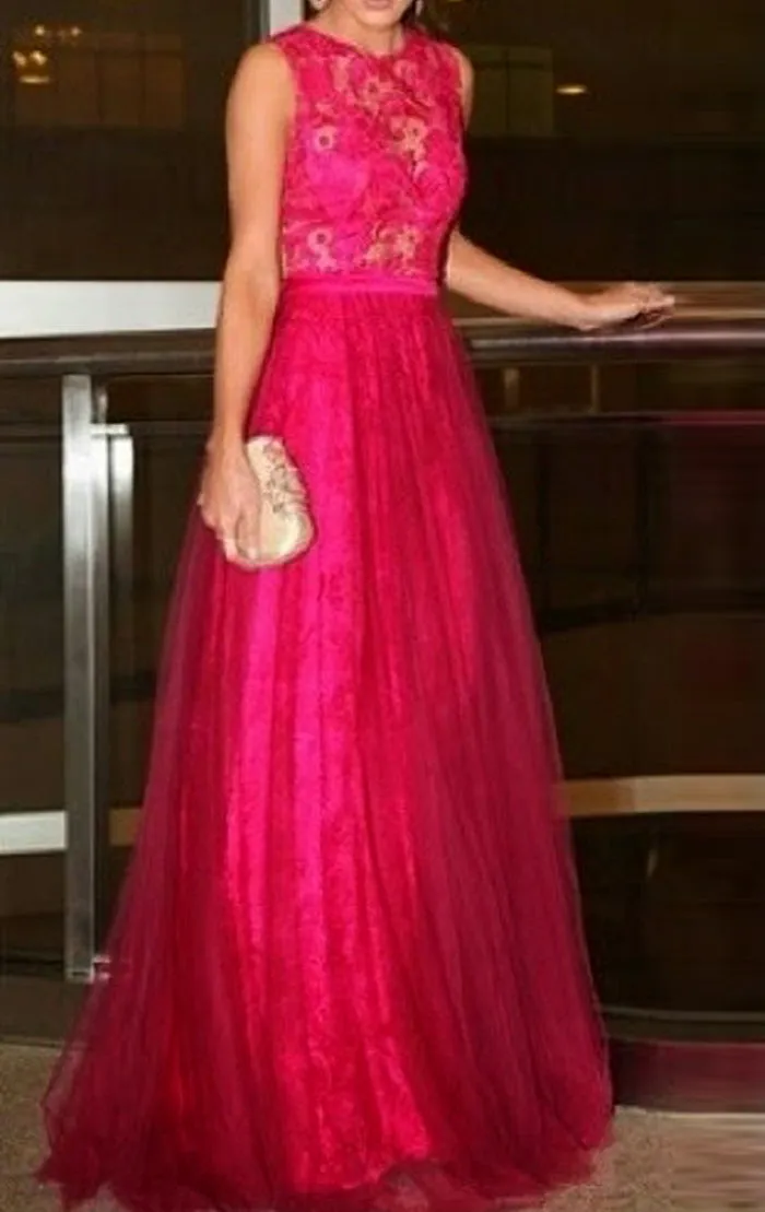 MACloth O Neck Lace Tulle Long Prom Dress Fuchsia Formal Evening Gown