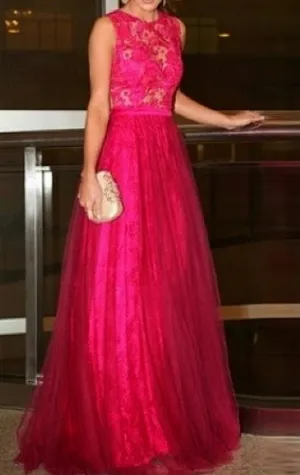 MACloth O Neck Lace Tulle Long Prom Dress Fuchsia Formal Evening Gown