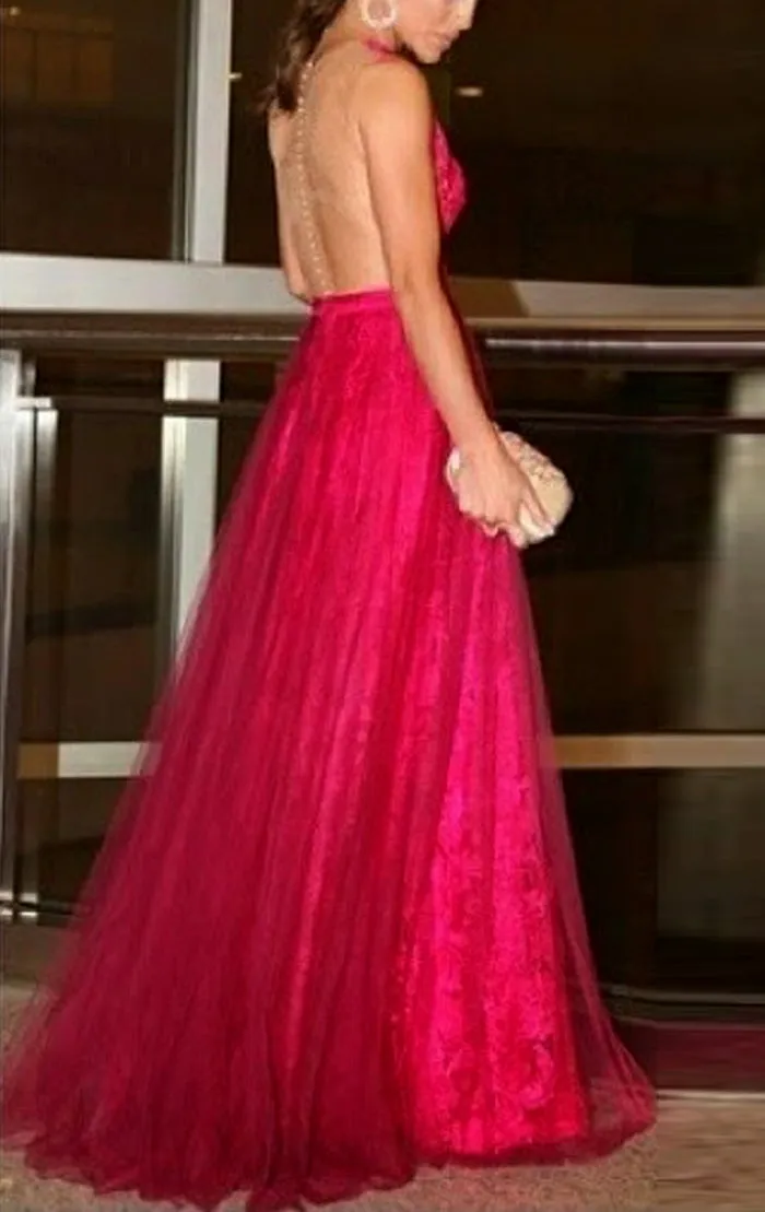 MACloth O Neck Lace Tulle Long Prom Dress Fuchsia Formal Evening Gown