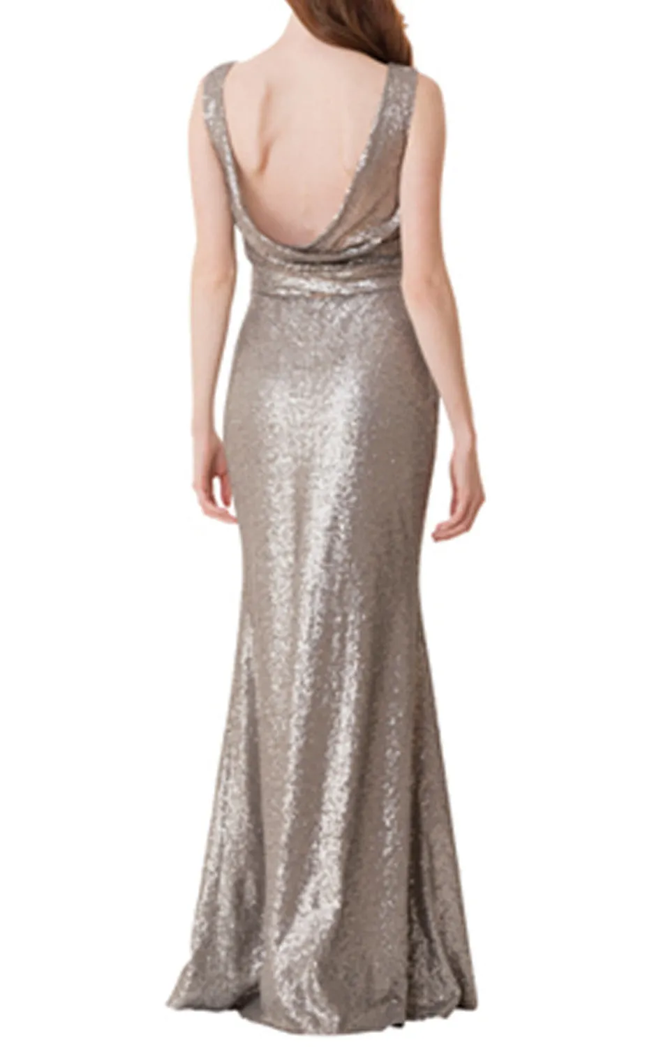MACloth O Neck Sequin Long Bridesmaid Dress Gray Formal Evening Gown
