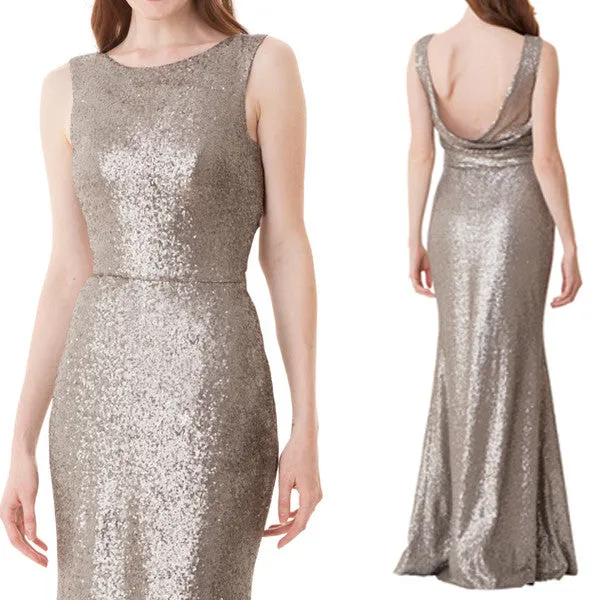 MACloth O Neck Sequin Long Bridesmaid Dress Gray Formal Evening Gown