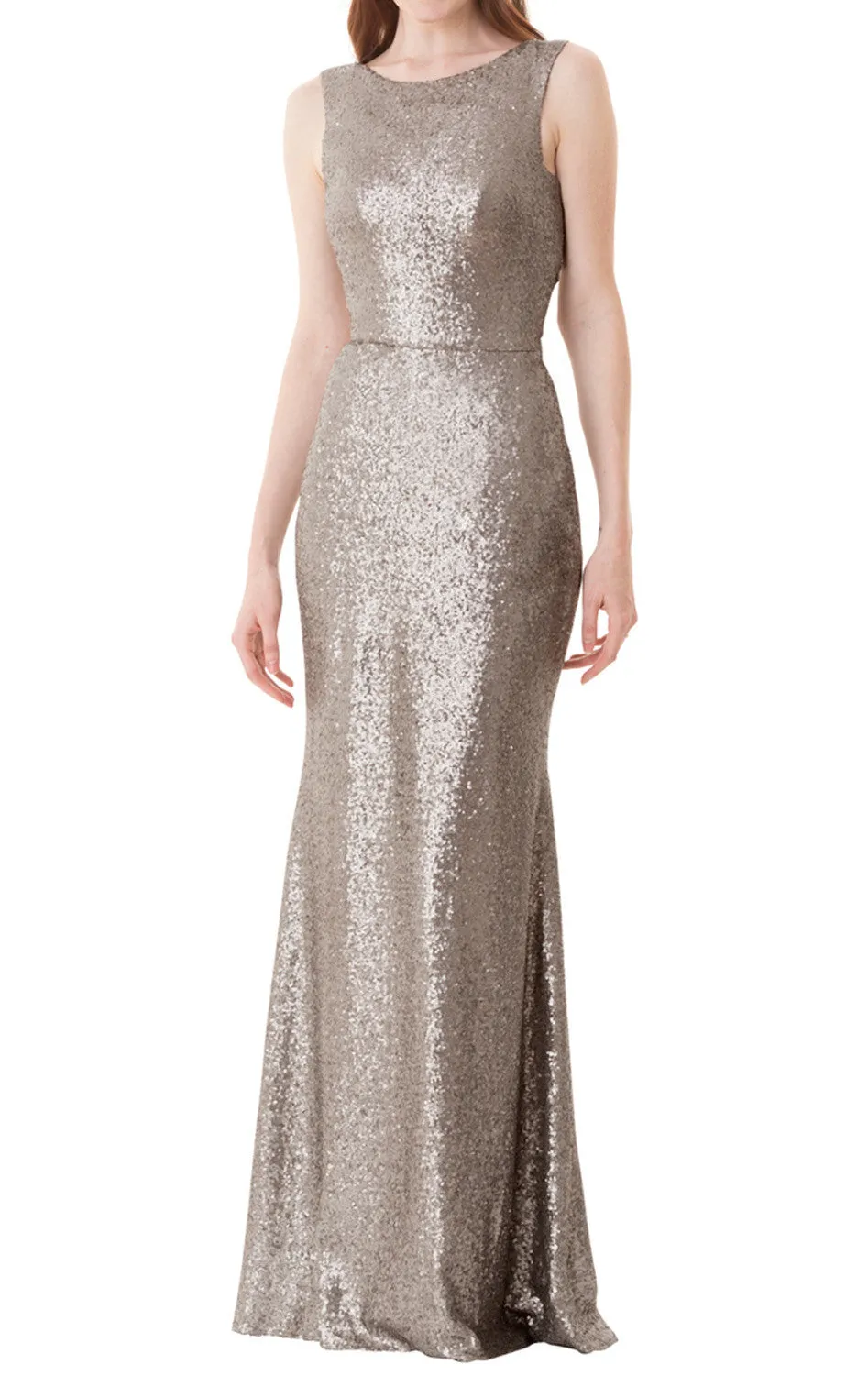 MACloth O Neck Sequin Long Bridesmaid Dress Gray Formal Evening Gown