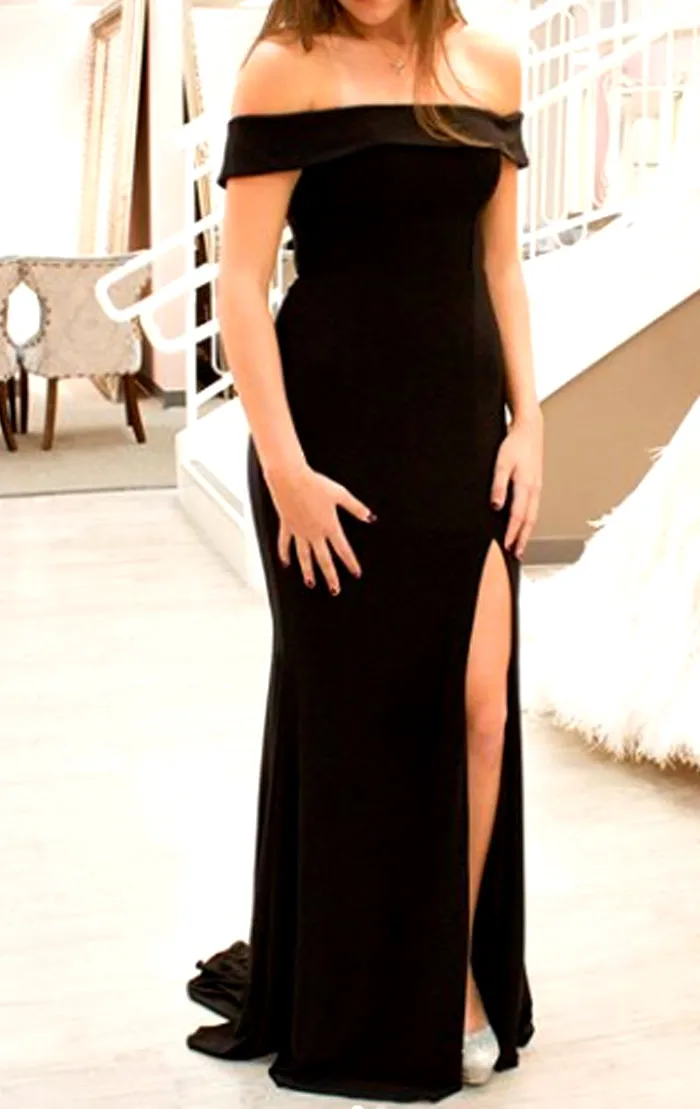 MACloth Off the Shoulder Long Prom Dress Black Jersey Formal Evening Gown