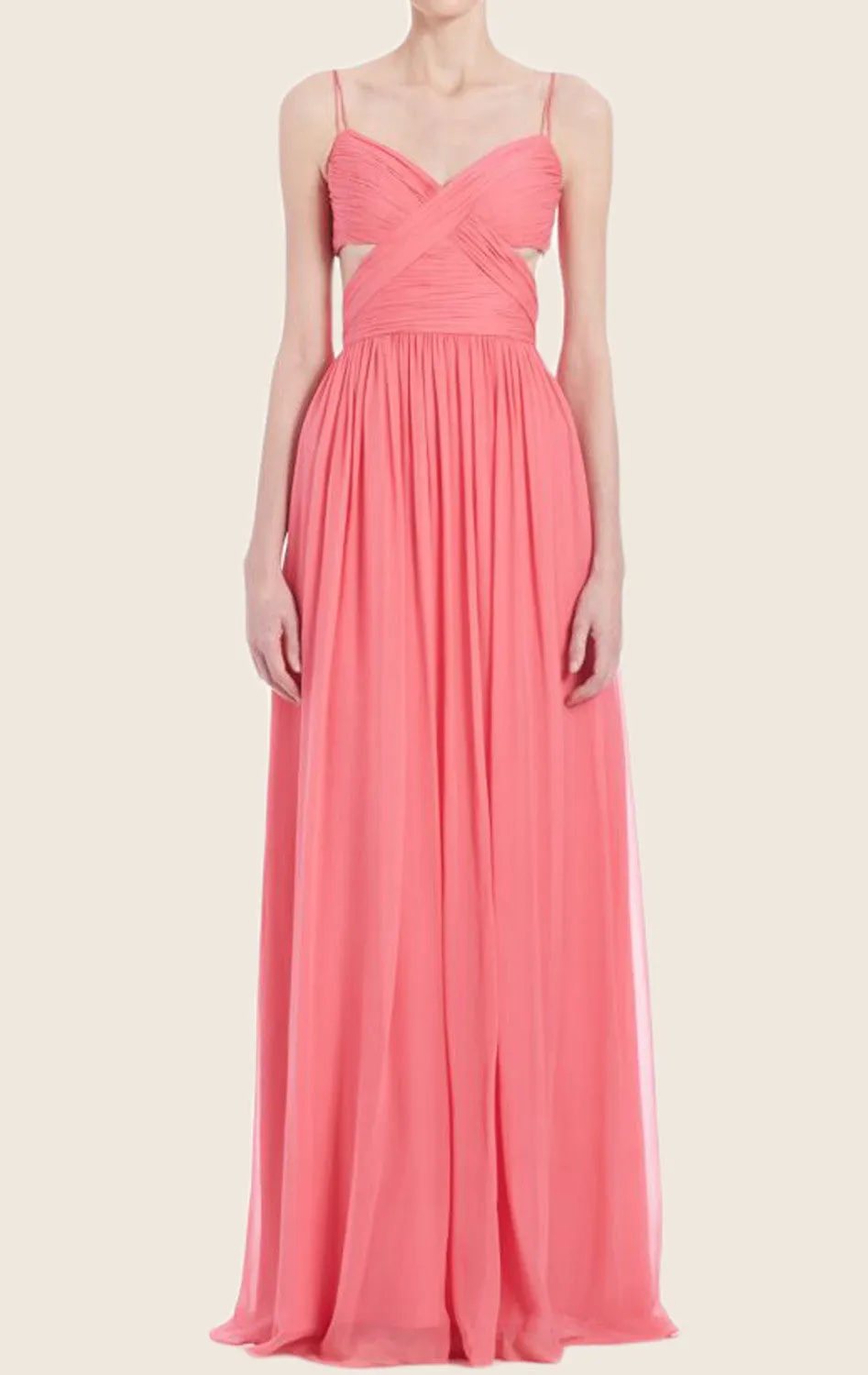 MACloth Spaghetti Straps V Neck Chiffon Prom Dress Sexy Blush Formal Gown