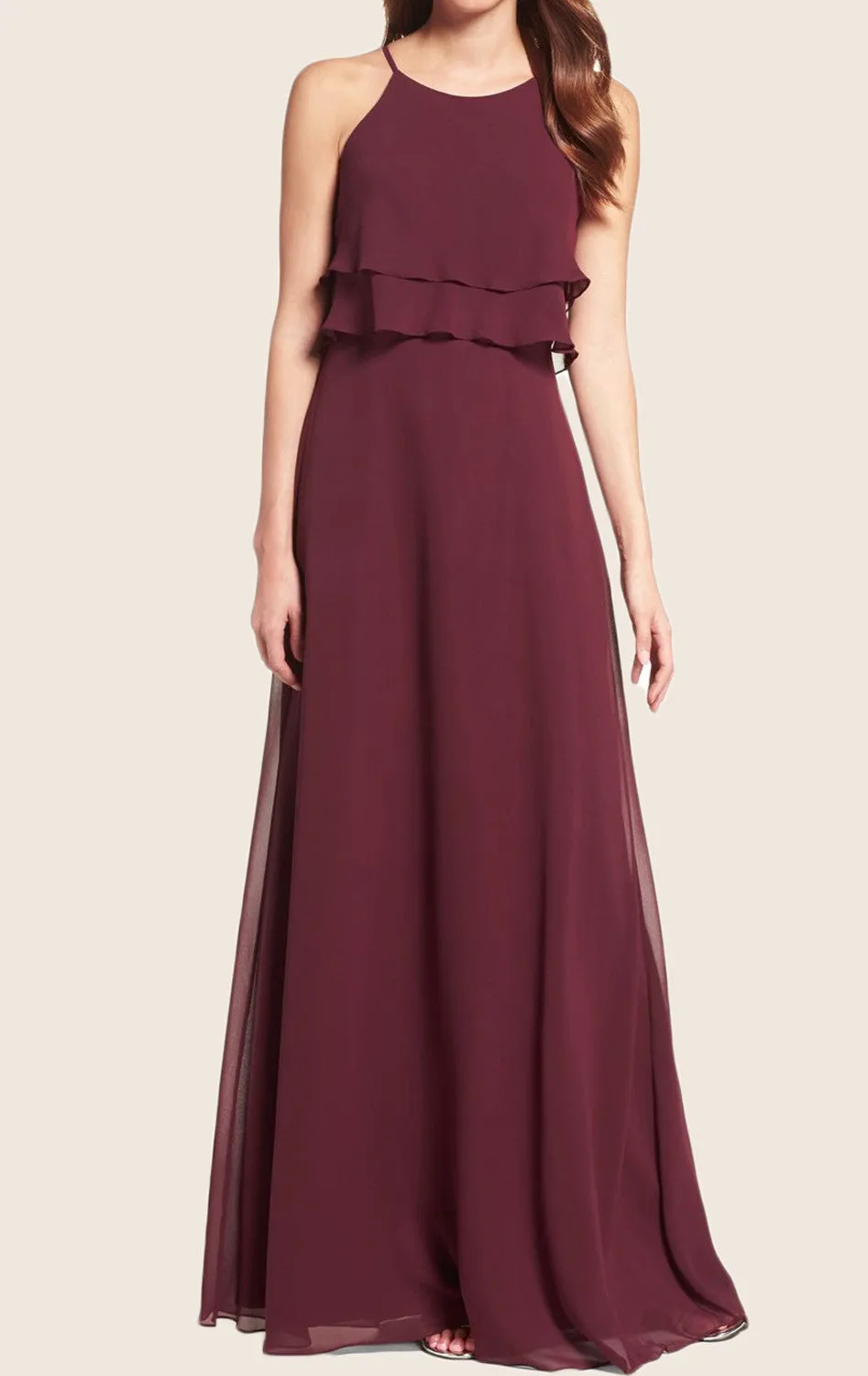 MACloth Straps O Neck Chiffon Tiered Long Bridesmaid Dress Formal Gown