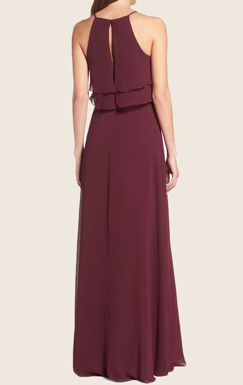 MACloth Straps O Neck Chiffon Tiered Long Bridesmaid Dress Formal Gown