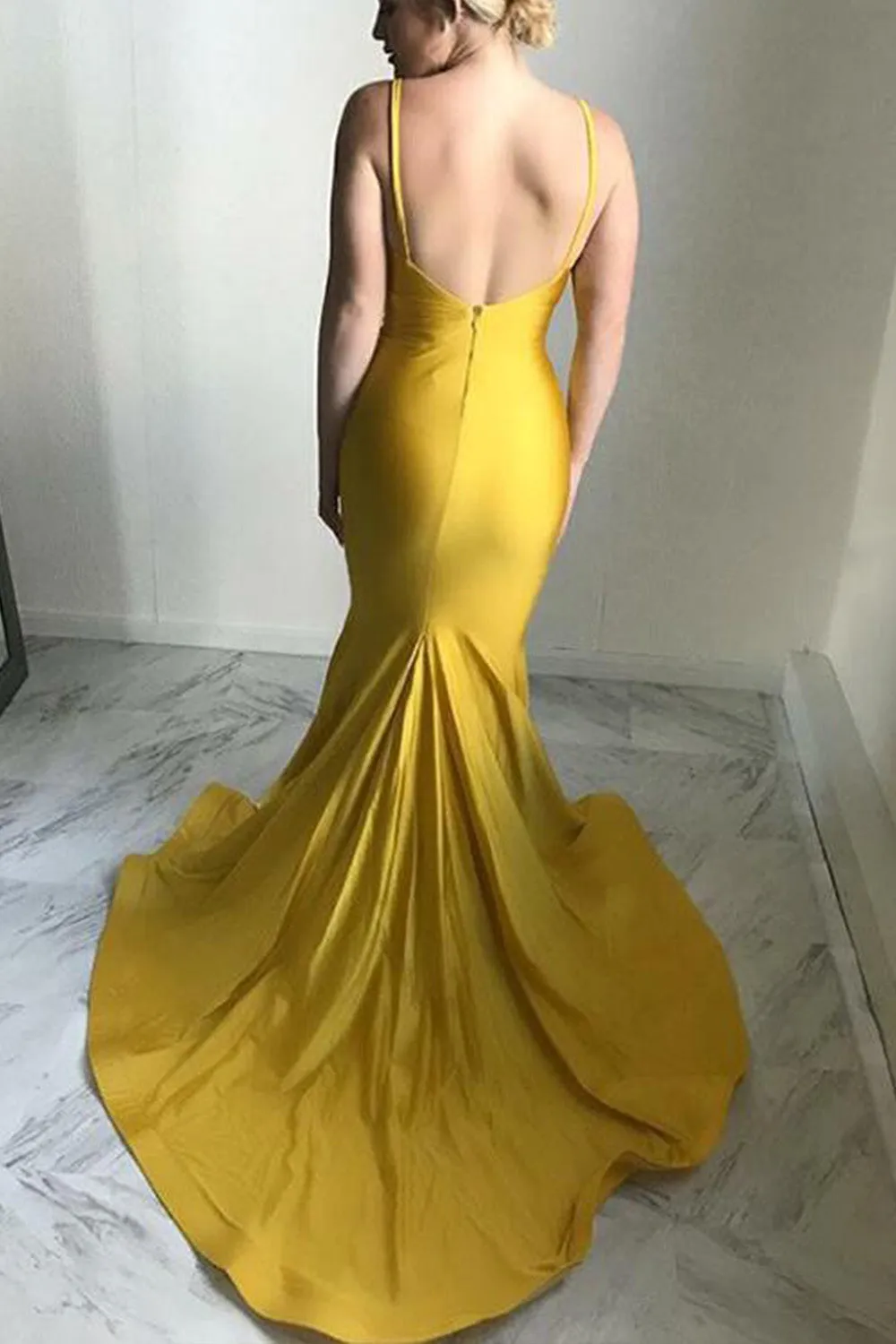 MACloth V Neck Jersey Gold Pageant Prom Gown Formal Evening Dress