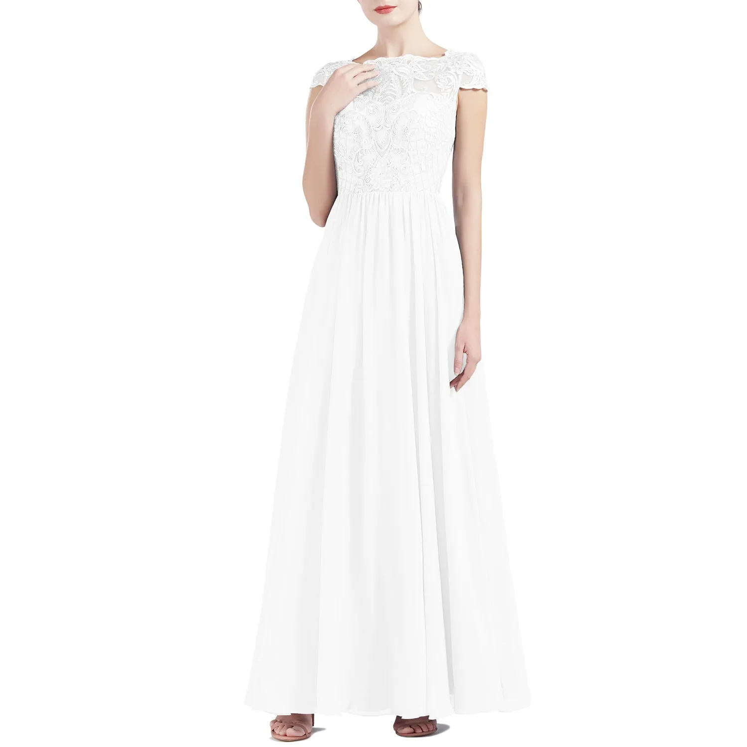 MACloth Women Cap Sleeve Scoop Lace Long Wedding Mother Bride Dresses Formal
