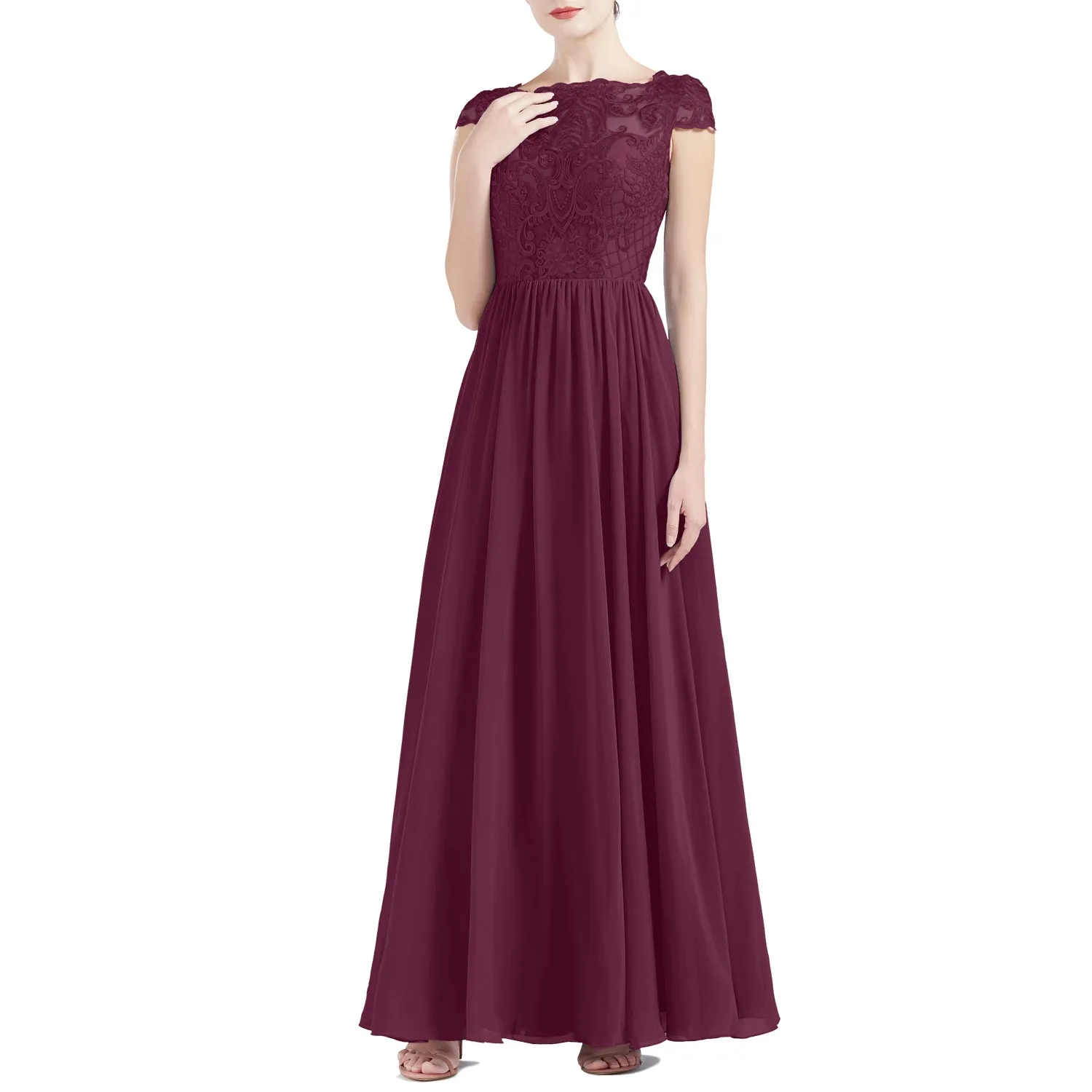 MACloth Women Cap Sleeve Scoop Lace Long Wedding Mother Bride Dresses Formal