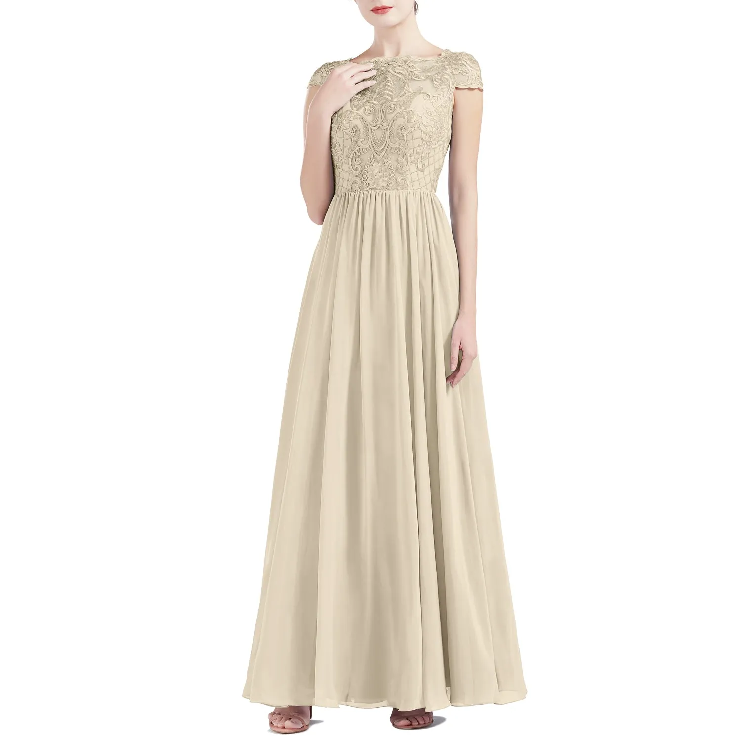 MACloth Women Cap Sleeve Scoop Lace Long Wedding Mother Bride Dresses Formal