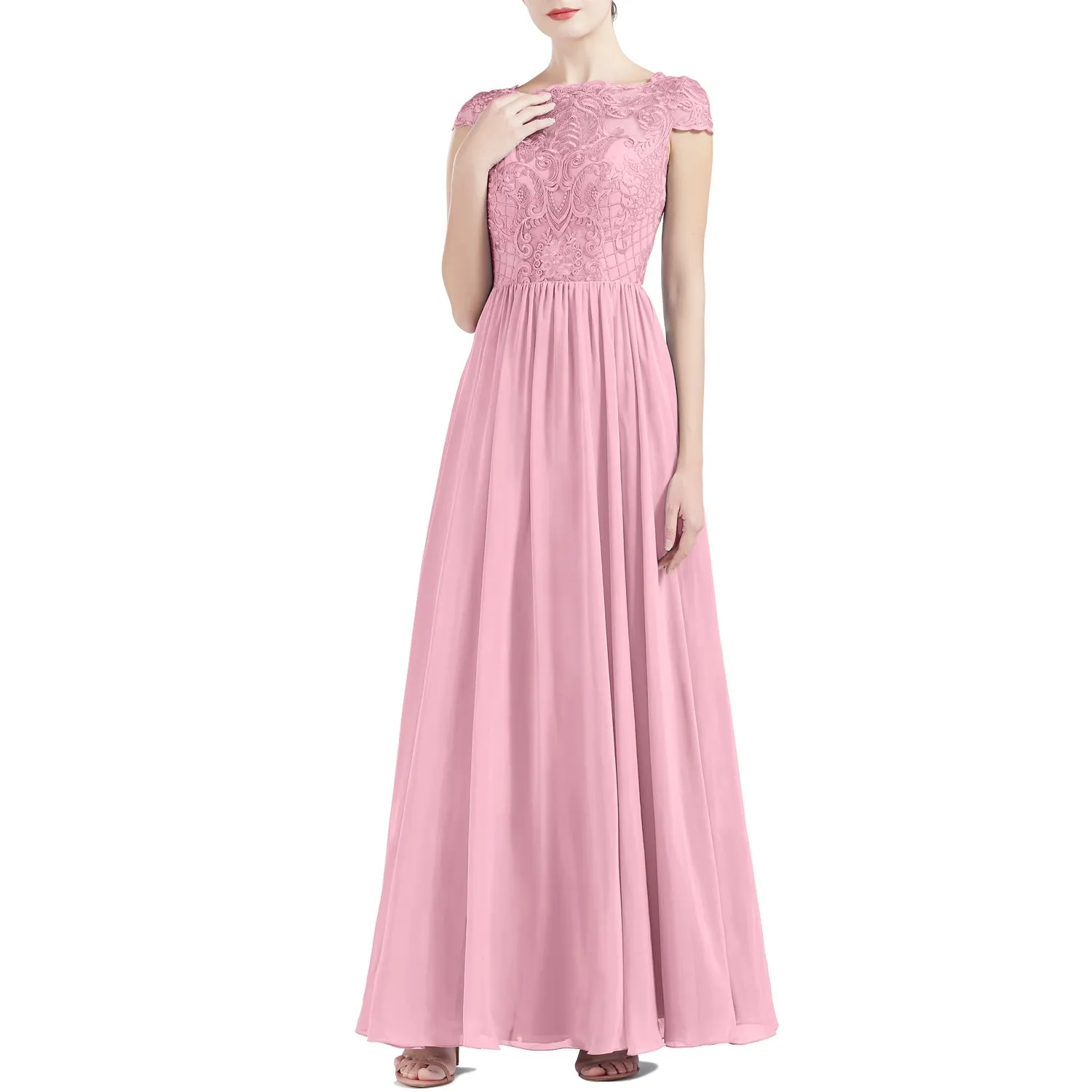 MACloth Women Cap Sleeve Scoop Lace Long Wedding Mother Bride Dresses Formal