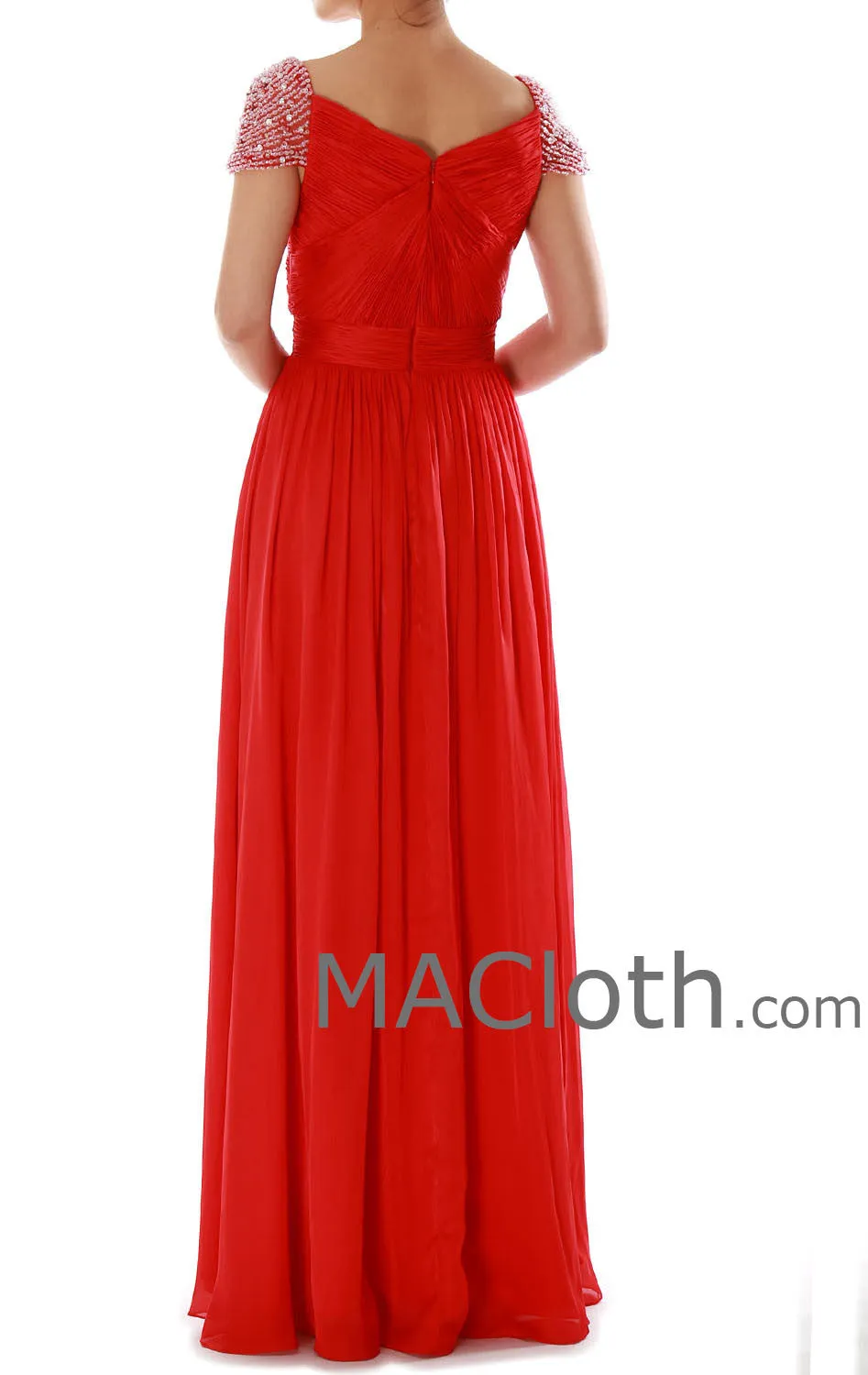 MACloth Women Cap Sleeves Sweetheart Long Red Prom Dress Chiffon Ball Gown 160178