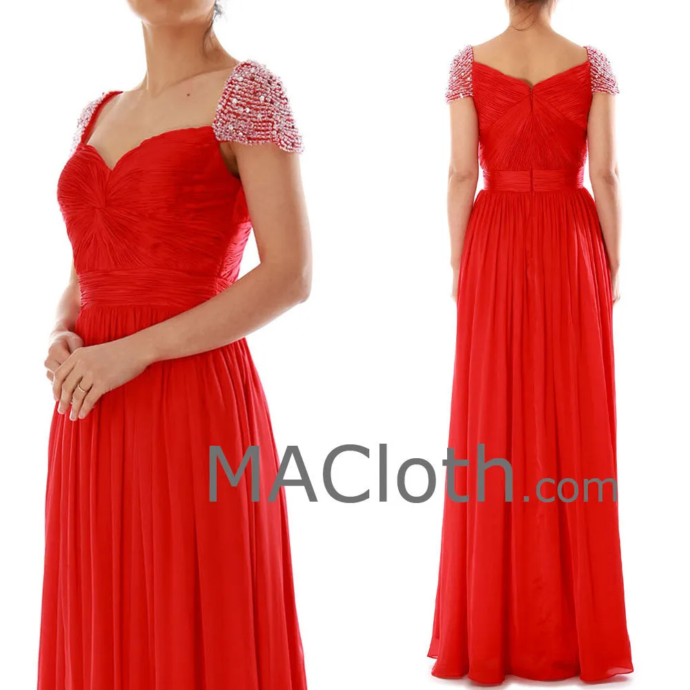 MACloth Women Cap Sleeves Sweetheart Long Red Prom Dress Chiffon Ball Gown 160178
