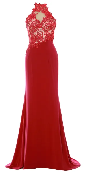 MACloth Women Mermaid Halter Lace Long Formal Evening Dress Wedding Party Gown