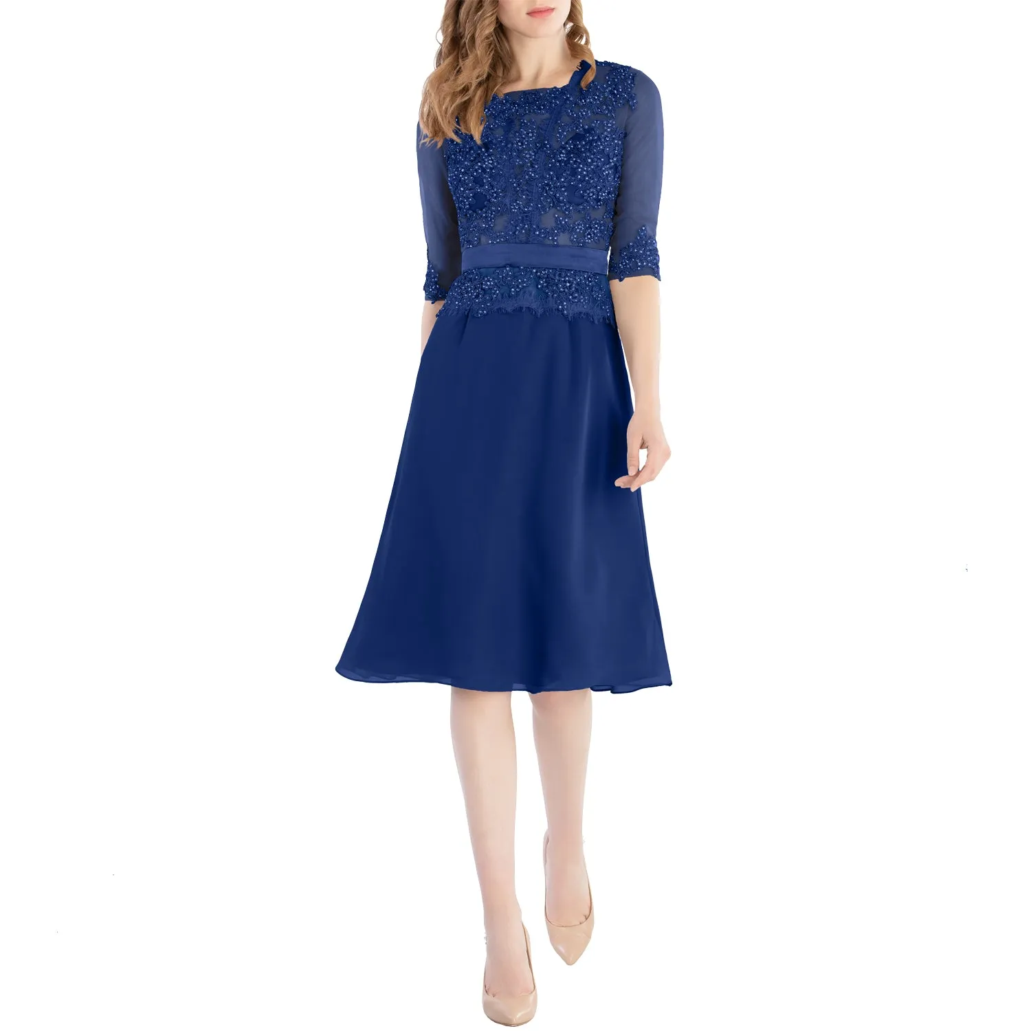 MACloth Women O Neck Beaded Lace Short Half Sleeves Mother of the Bride Dresses Wedding Bridal Party