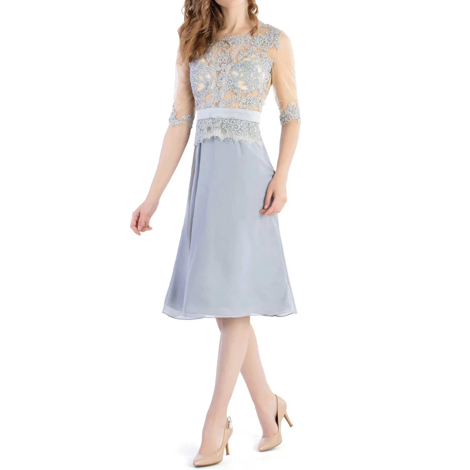 MACloth Women O Neck Beaded Lace Short Half Sleeves Mother of the Bride Dresses Wedding Bridal Party