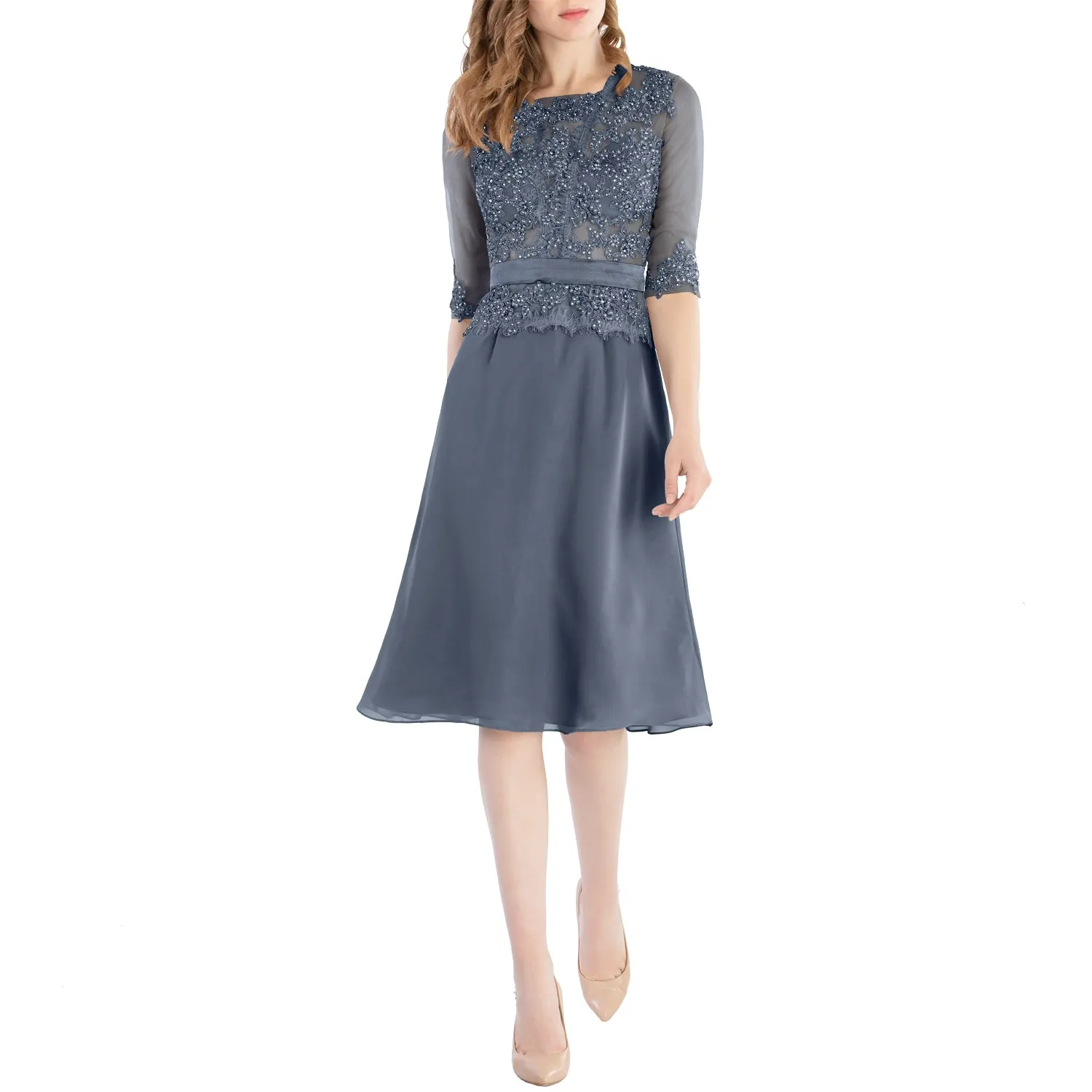MACloth Women O Neck Beaded Lace Short Half Sleeves Mother of the Bride Dresses Wedding Bridal Party