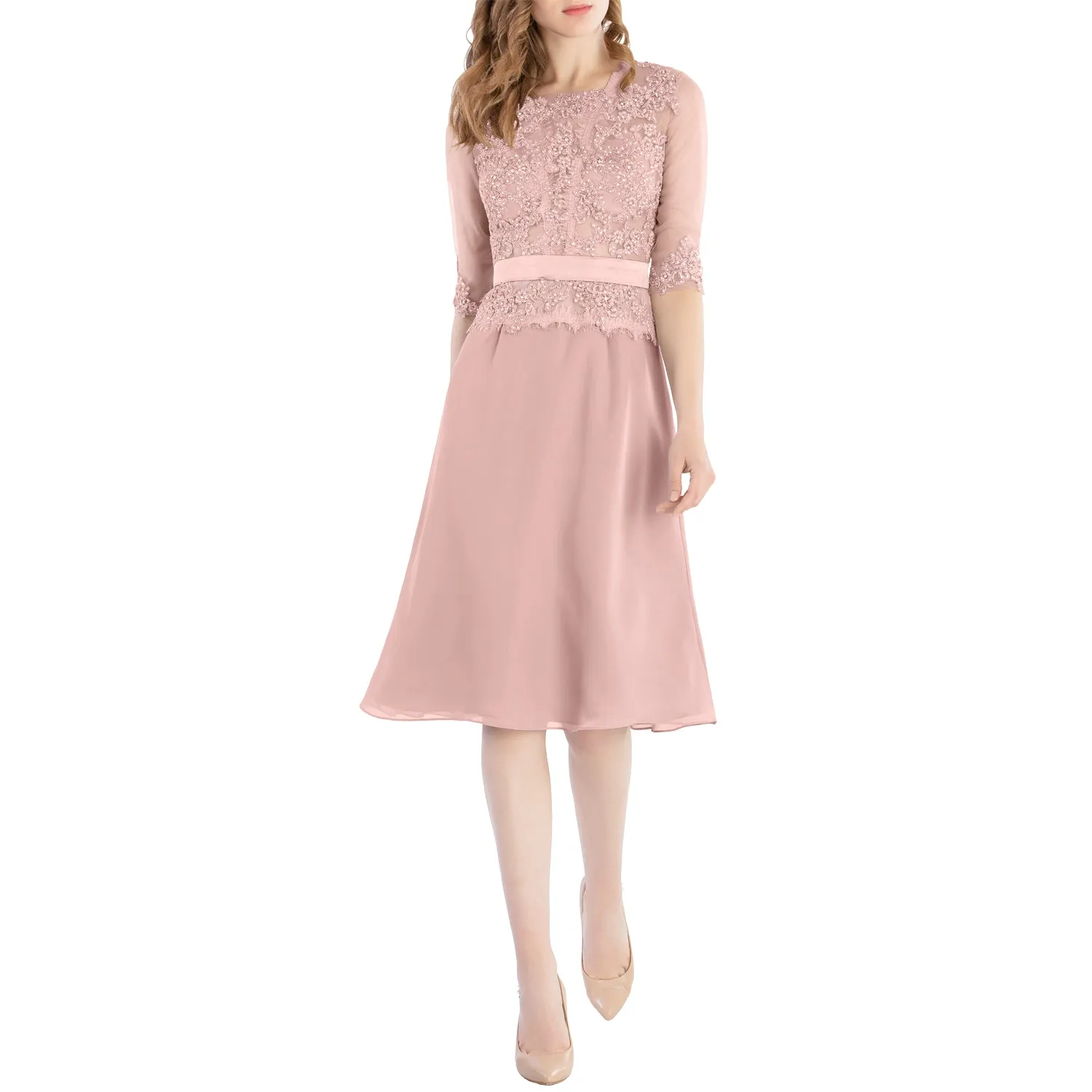 MACloth Women O Neck Beaded Lace Short Half Sleeves Mother of the Bride Dresses Wedding Bridal Party
