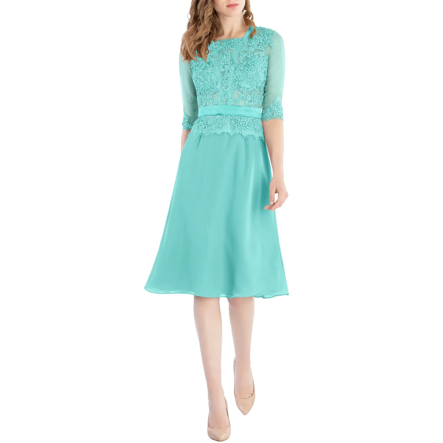 MACloth Women O Neck Beaded Lace Short Half Sleeves Mother of the Bride Dresses Wedding Bridal Party