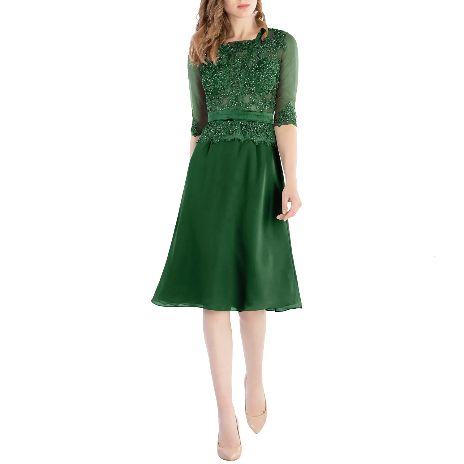 MACloth Women O Neck Beaded Lace Short Half Sleeves Mother of the Bride Dresses Wedding Bridal Party