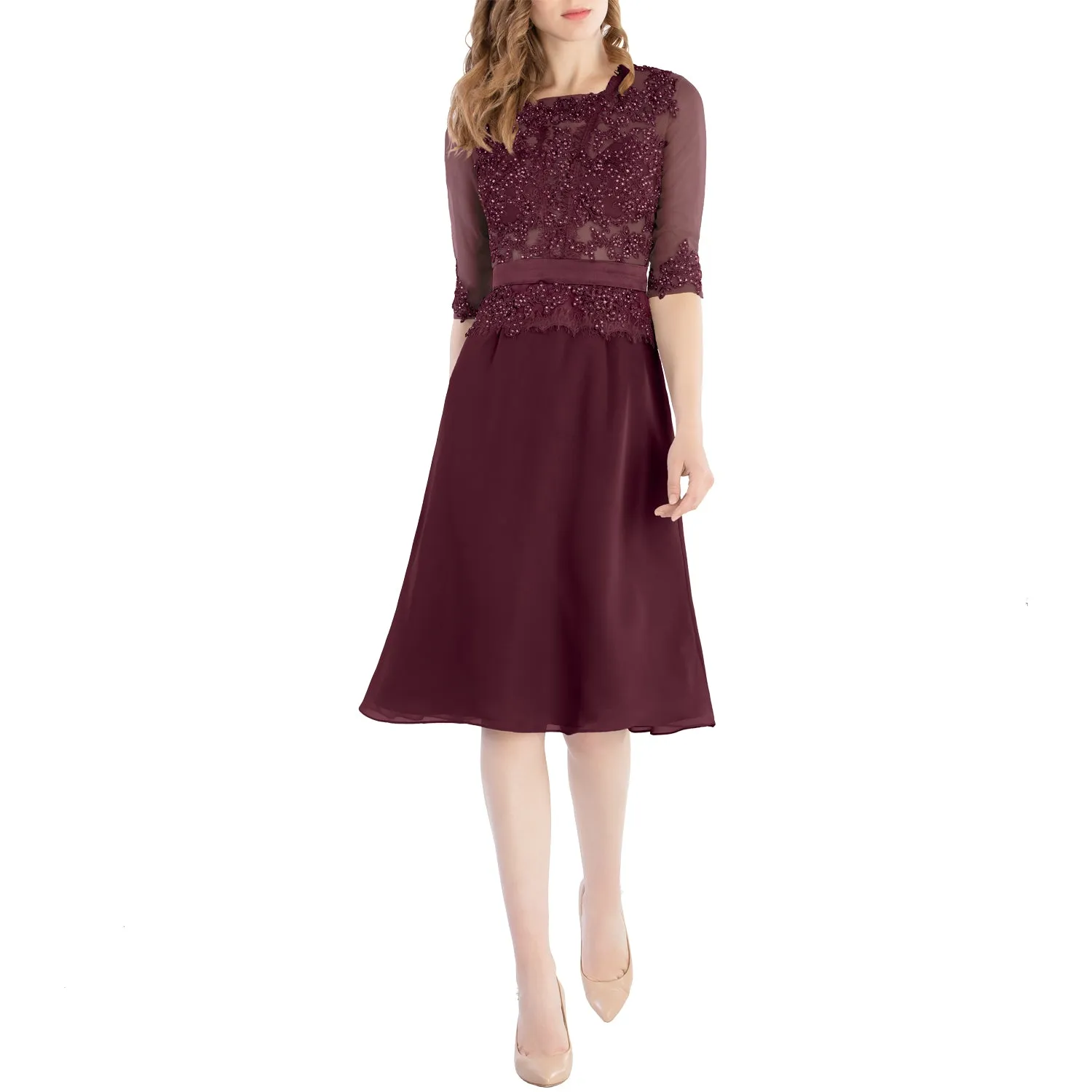MACloth Women O Neck Beaded Lace Short Half Sleeves Mother of the Bride Dresses Wedding Bridal Party