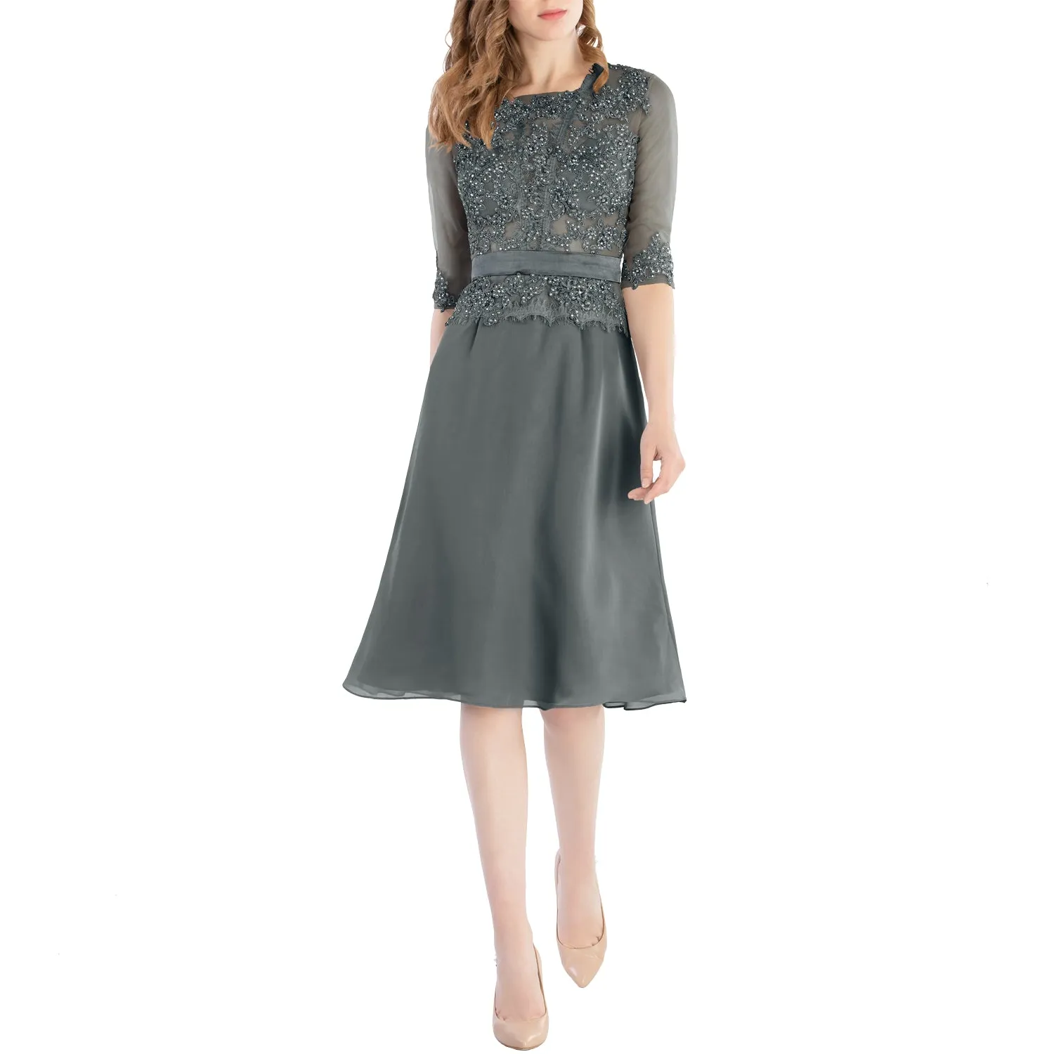 MACloth Women O Neck Beaded Lace Short Half Sleeves Mother of the Bride Dresses Wedding Bridal Party