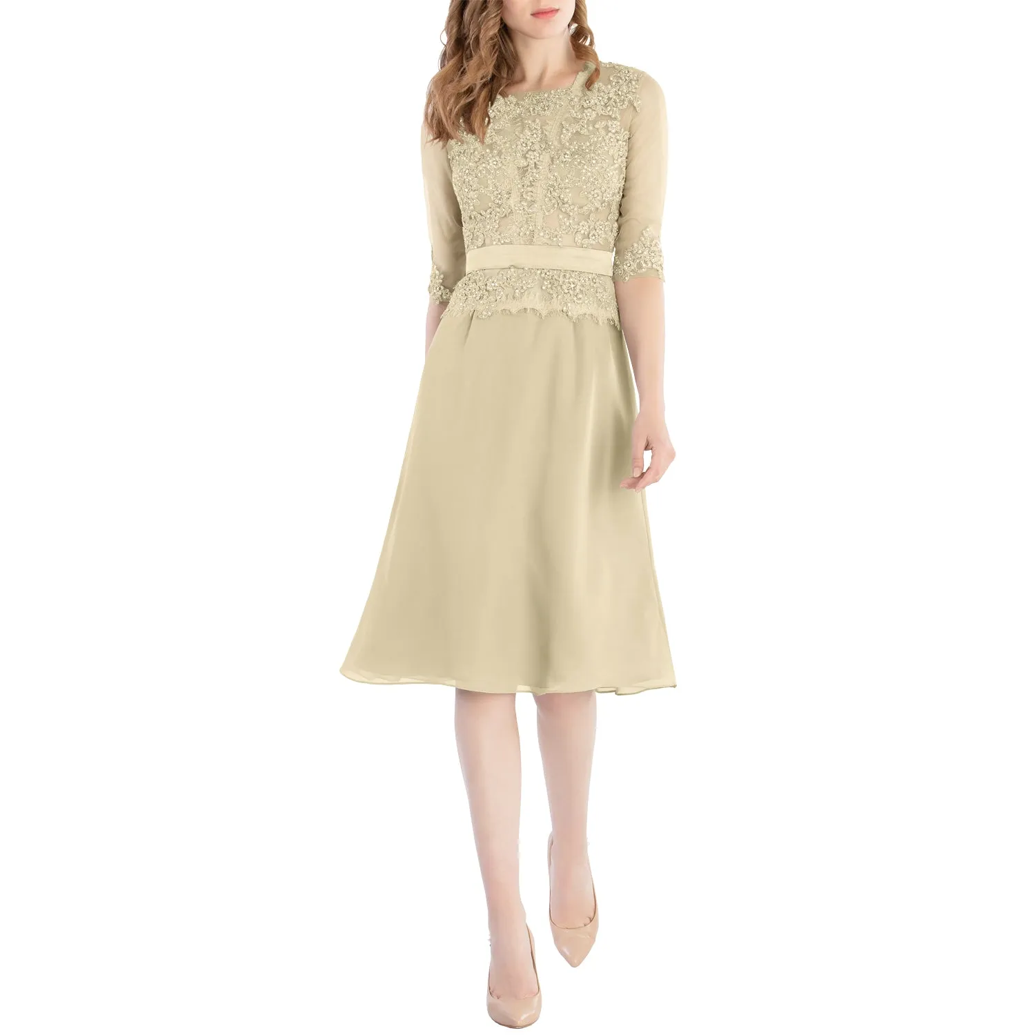 MACloth Women O Neck Beaded Lace Short Half Sleeves Mother of the Bride Dresses Wedding Bridal Party