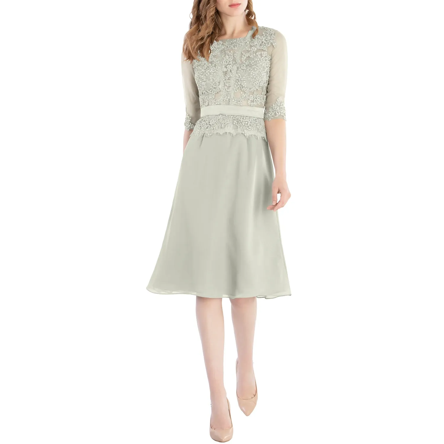 MACloth Women O Neck Beaded Lace Short Half Sleeves Mother of the Bride Dresses Wedding Bridal Party