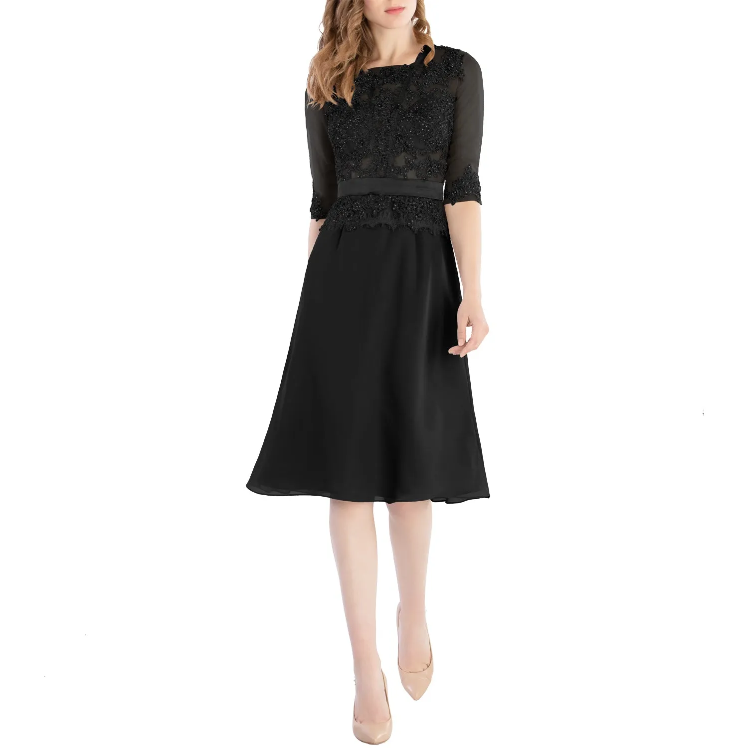 MACloth Women O Neck Beaded Lace Short Half Sleeves Mother of the Bride Dresses Wedding Bridal Party