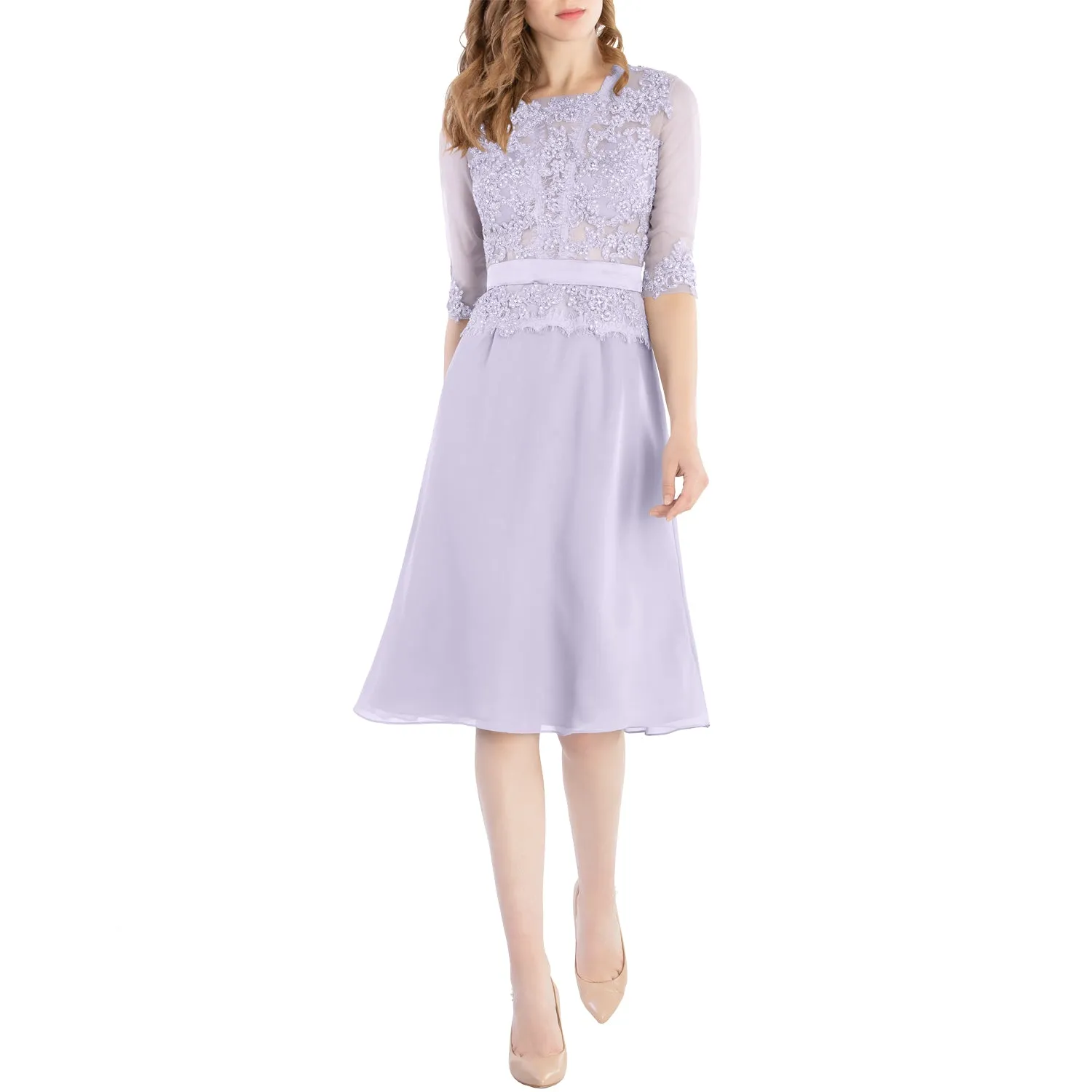 MACloth Women O Neck Beaded Lace Short Half Sleeves Mother of the Bride Dresses Wedding Bridal Party