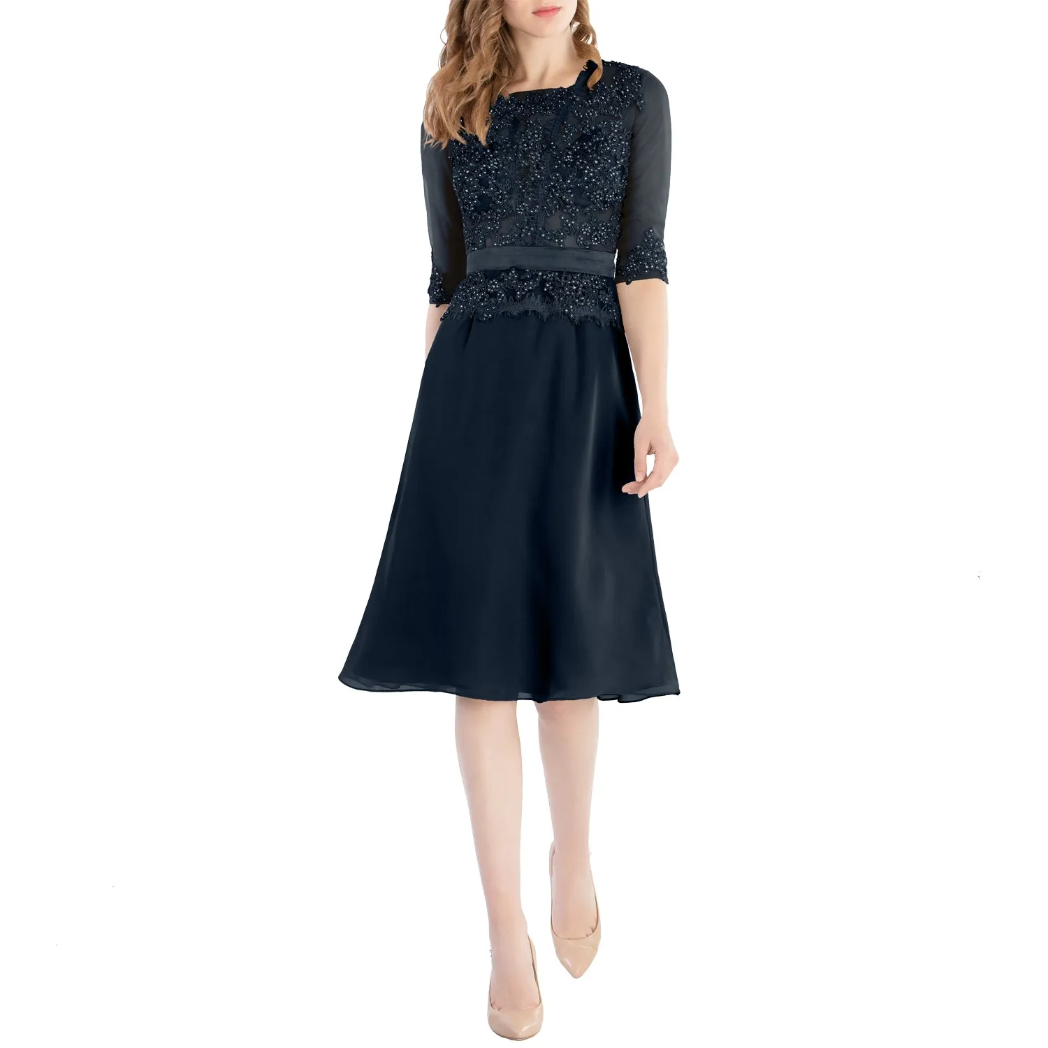 MACloth Women O Neck Beaded Lace Short Half Sleeves Mother of the Bride Dresses Wedding Bridal Party