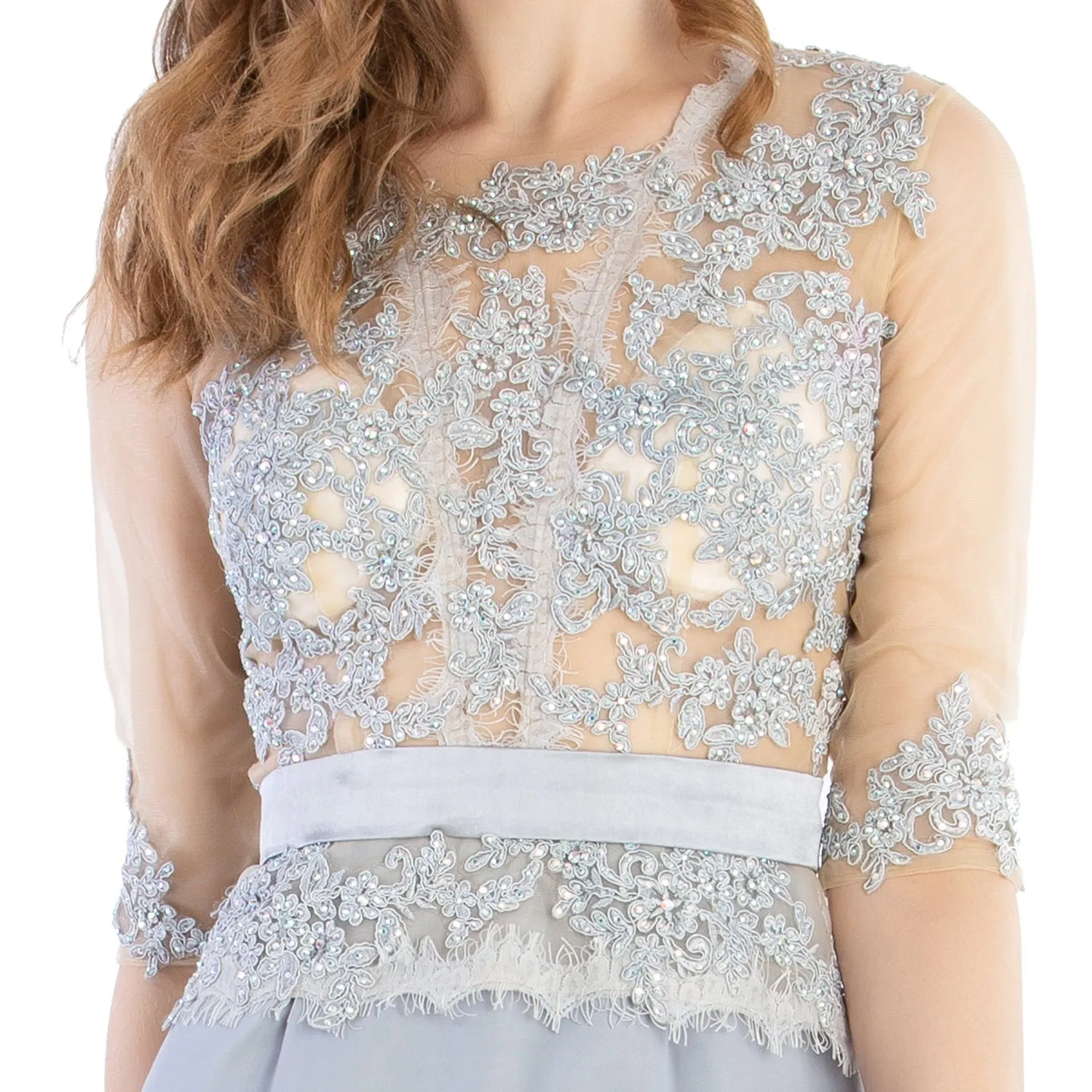 MACloth Women O Neck Beaded Lace Short Half Sleeves Mother of the Bride Dresses Wedding Bridal Party